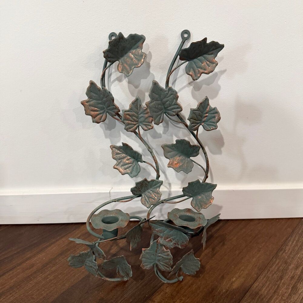 Vintage Home Interiors Metal Ivy Leaf Wall Sconce Taper Candle Holders Set of 2